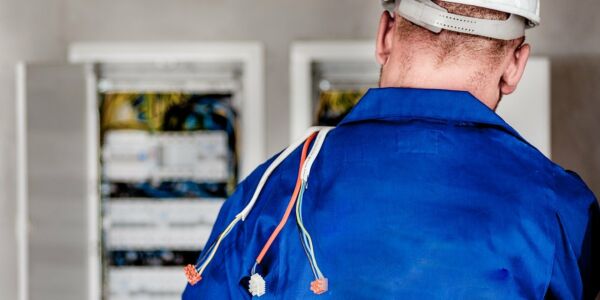 Elektriker von hinten vor Sicherungskasten Elektriker von hinten vor Sicherungskasten