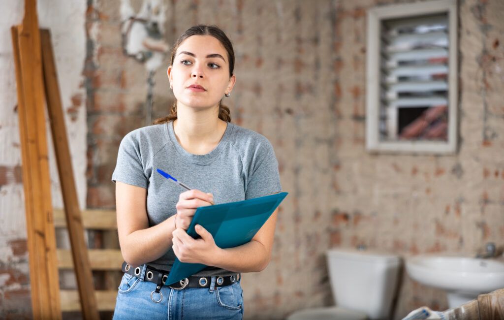 Frau mit Klemmbrett macht sich bei einer Wohnungssanierung Notizen