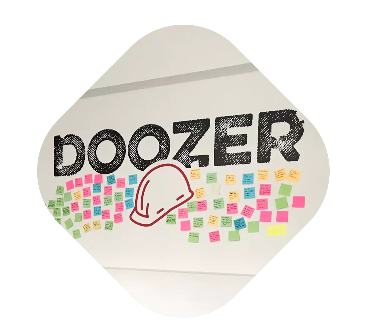 Logo auf einer weißen Wand mit Post-its