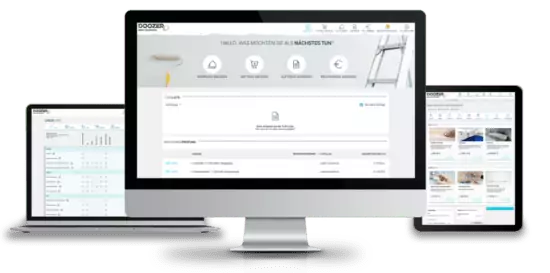 Bildschirme mit der Doozer Software für Wohnungsunternehmen.