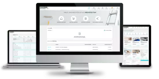 Bildschirme mit der Doozer-Software für Wohnungsunternehmen.