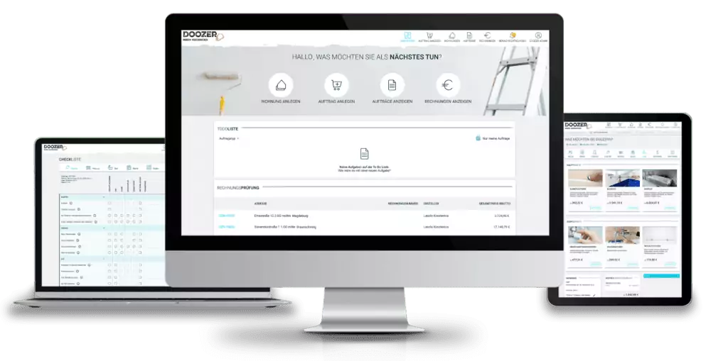 Bildschirme mit der Doozer-Software für Wohnungsunternehmen.