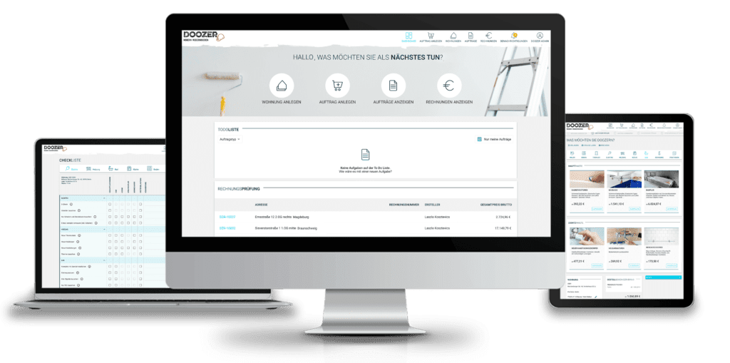 Bildschirme mit der Doozer-Software für Wohnungsunternehmen.