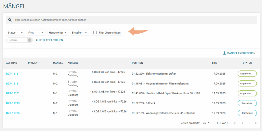 Statusübersicht Mängel
