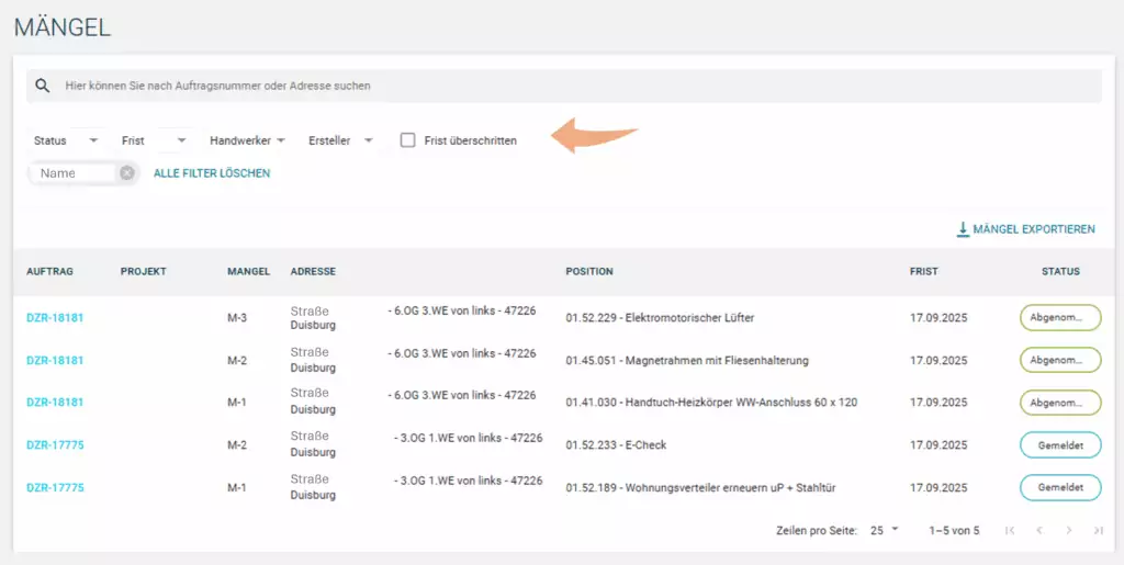 Statusübersicht Mängel